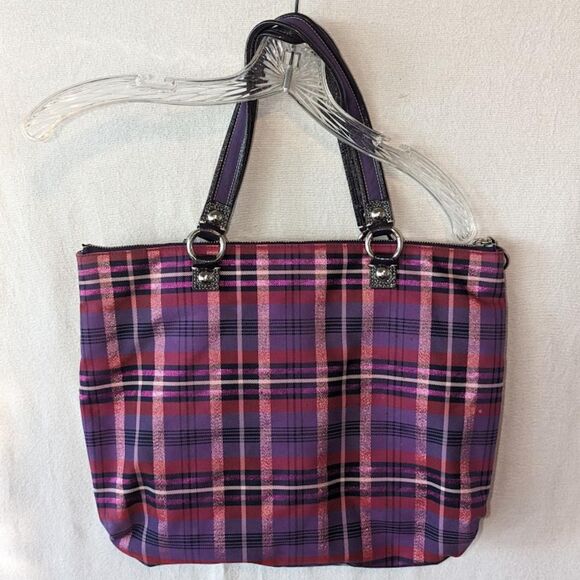 Women's Coach Poppy Purple Plaid Shoulder Bag with Bag Tags - Picture 10 of 15